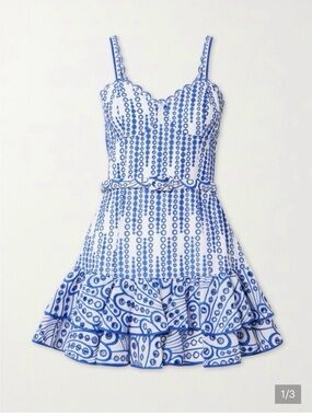 Blue and White Mini Dress with Scallop Neckline